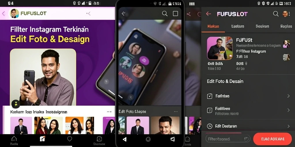 Tampilan antarmuka FUFUSLOT dengan berbagai filter Instagram.